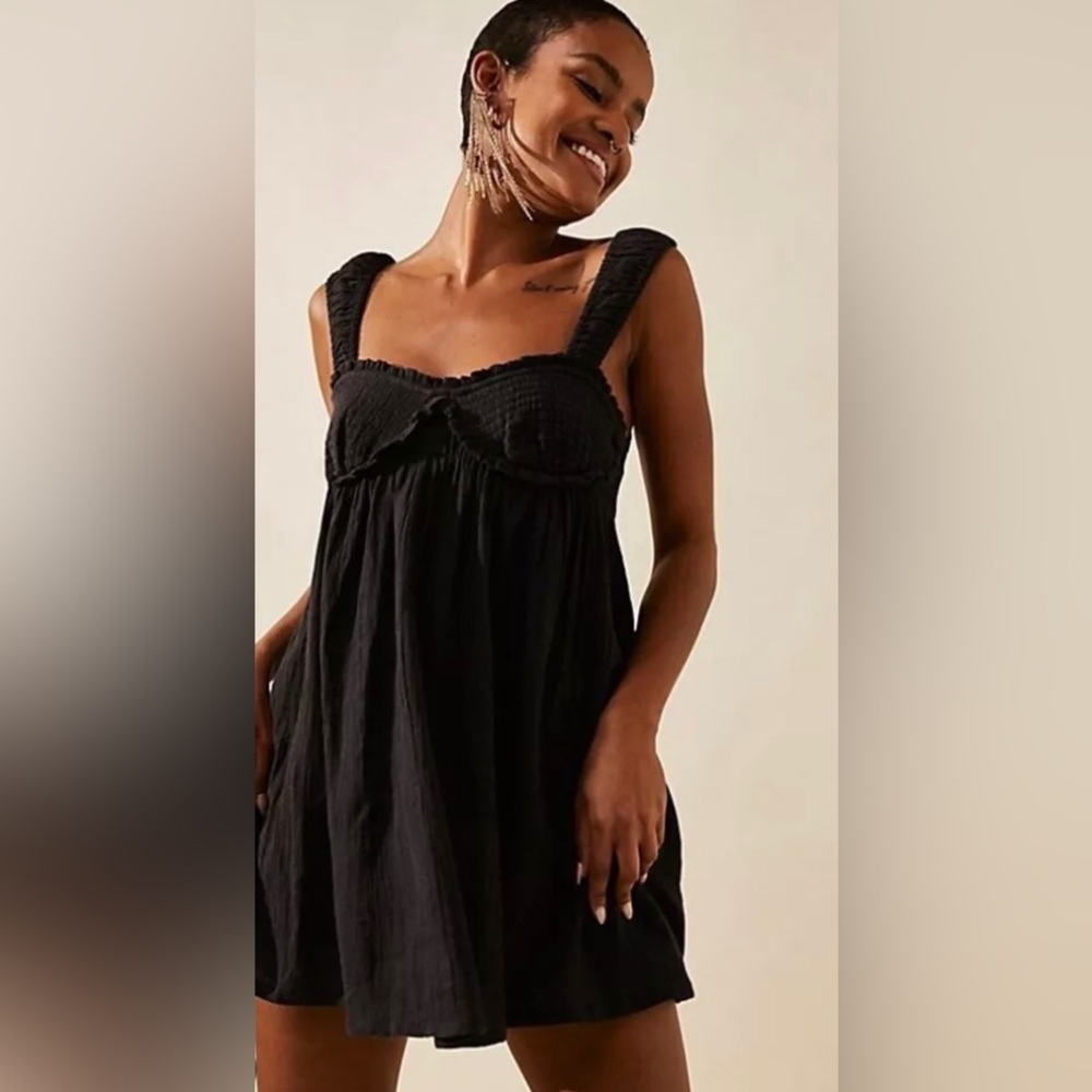 Free People “Blissful Breeze” Black Babydoll Mini Dress. NWOT • Size Various